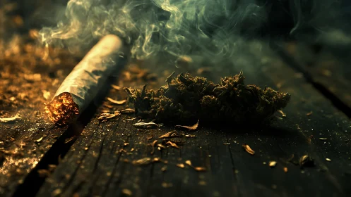 Moody wooden tabletop with curling smoke and herbs.