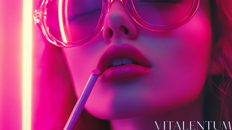 Neon-lit close-up captures dreamy lips and oversized glasses