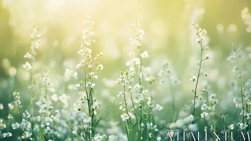 Delicate wildflower meadow in soft golden backlight field.