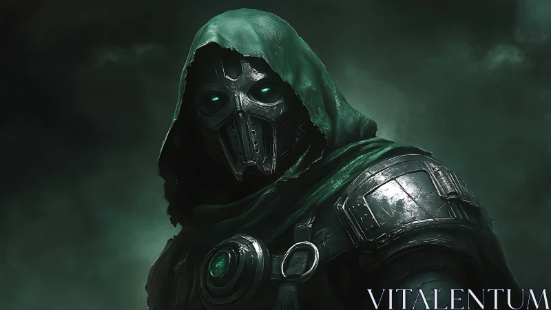 Hooded cybernetic warlord portrait in emerald fog.