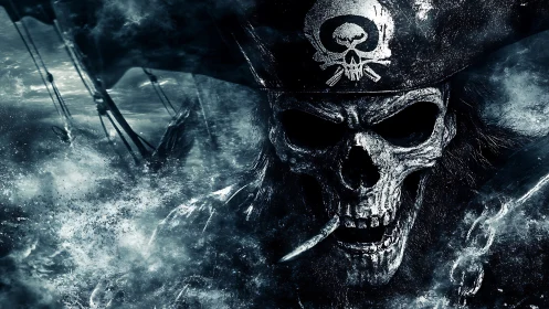 Digital painting of spectral pirate skull amid storm-torn sea.