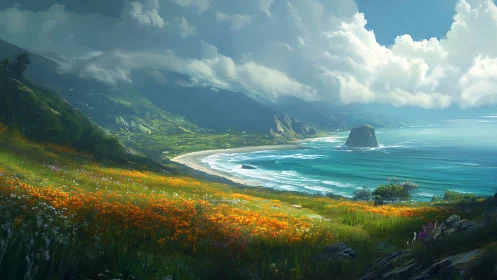 Golden Bloom Coastline: Where Flowers Defy Cliffs.