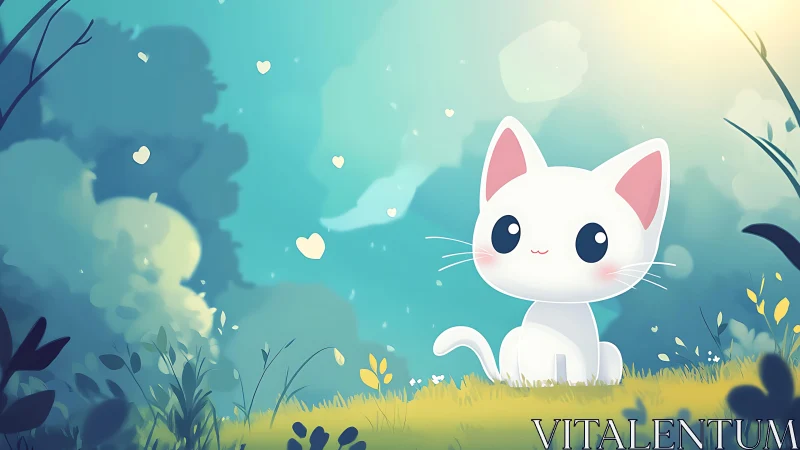 Luminous chibi white cat in bokeh-soft forest clearing.