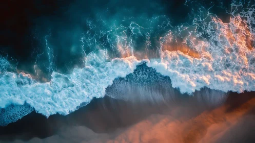 Breaking shoreline waves viewed from overhead at sunset