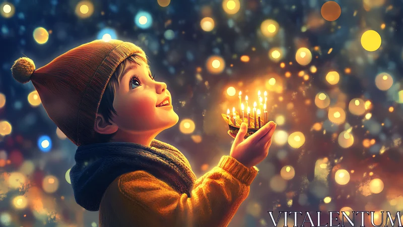 Child’s bright wonder under candlelit holiday sparkles.