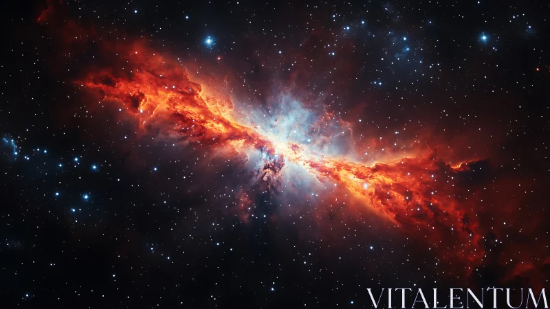 Symmetrical red nebula structure within dense star field.