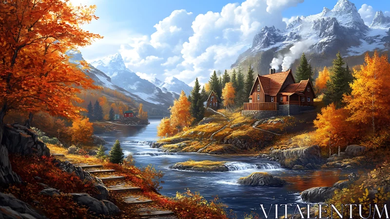 Mountain river flows past red cabins in bright autumn forest