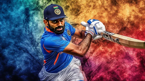 Cricket batter drives shot over vivid abstract backdrop.