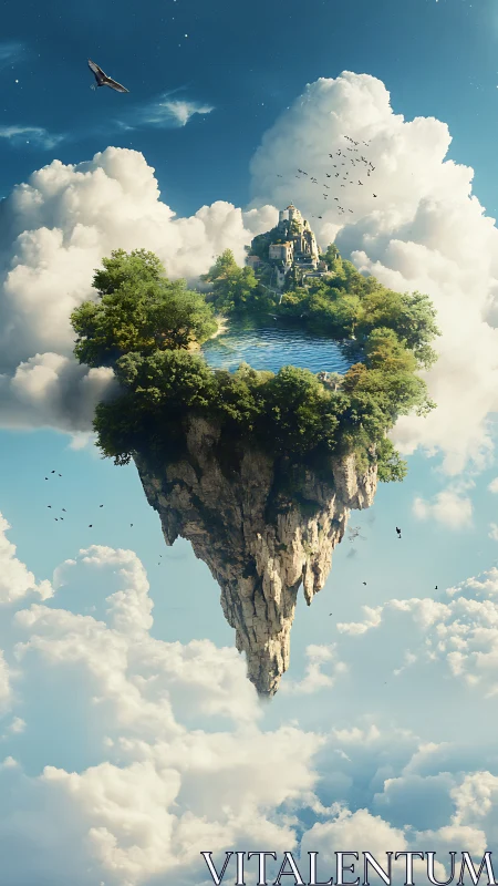 Floating rocky island with lake and village among clouds.