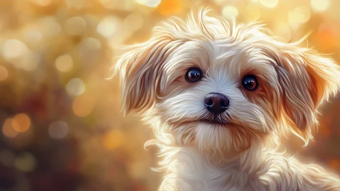 Fluffy white puppy glows under golden bokeh light.