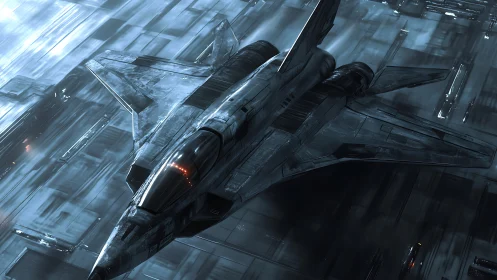 Stealth starfighter prowls a rain-slicked metallic runway night.