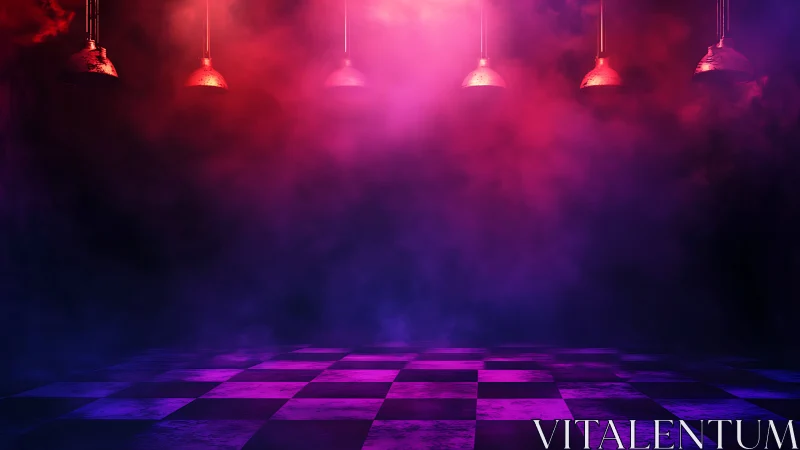 Neon haze ballroom with moody checkerboard and hanging halos.