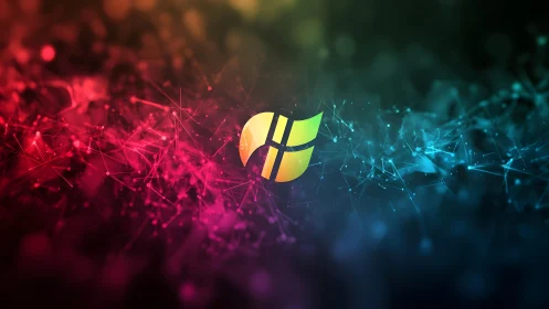 Vibrant abstract digital network with glowing geometric logo design.
