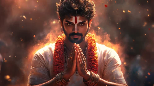 Devoted warrior folds firelit prayers into the smoky dusk