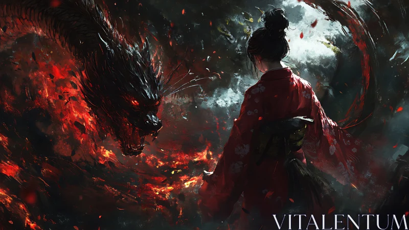 Samurai in red kimono confronts molten dragon amid eruptive embers