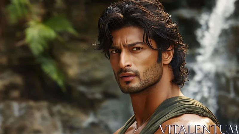 Man with long hair near waterfall in natural rocky setting.