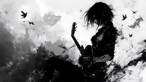 Silhouette guitarist sits amid abstract storm and birds