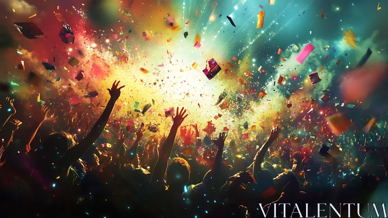 Crowd celebrates under explosive stage lights and confetti