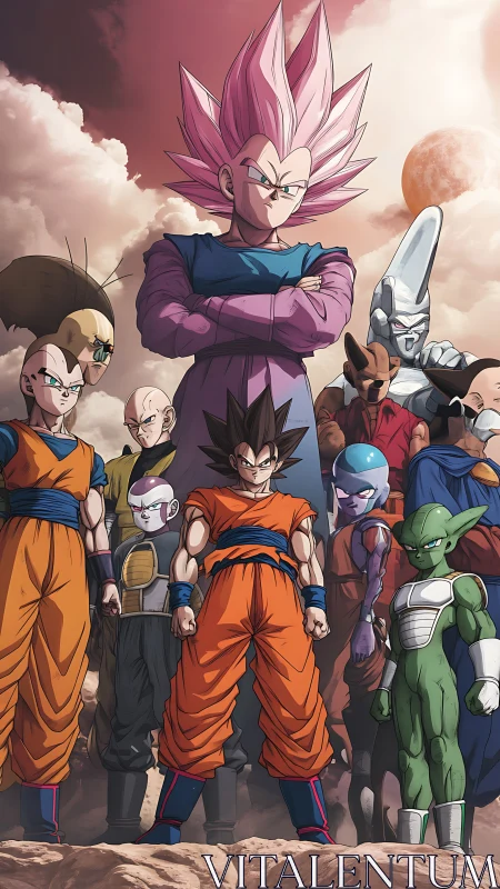 Bold anime heroes united under stormy alien skies.