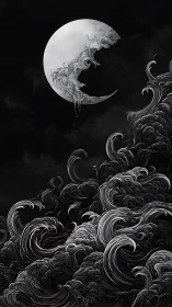 Moonlight melts into storm-tossed ink waves and whispers