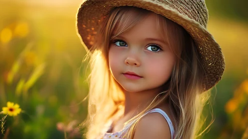 Child wearing straw hat in golden hour sunlight with wildflowers