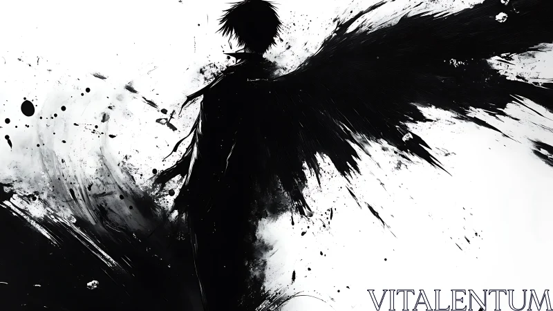 Silhouetted winged figure rendered in high contrast ink splatter