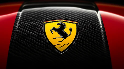 Ferrari emblem on carbon fiber hood with red bodywork detail.