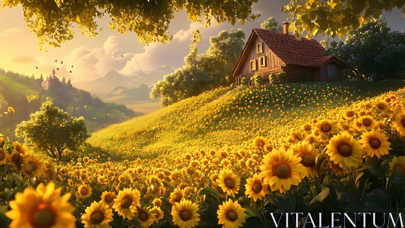 Sunlit wooden cottage above panoramic golden sunflower valley