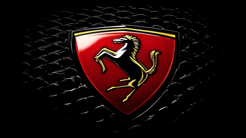 Prancing horse emblem on gloss red shield over dark mesh.