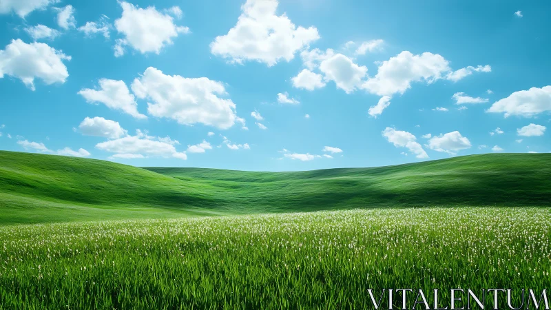 Green hillside meadow under scattered cumulus cloud sky.