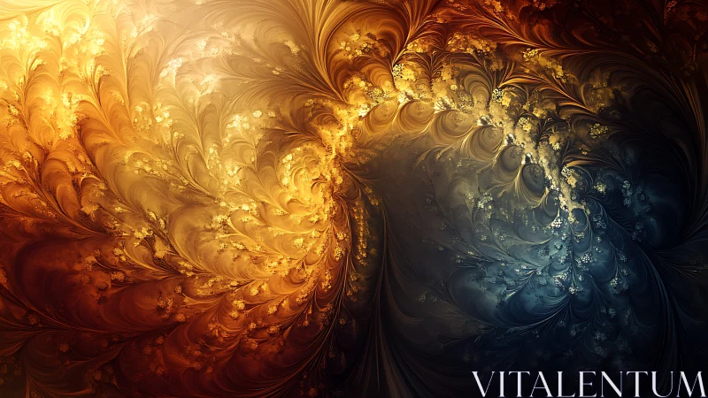 Bifurcated golden blue fractal vortex with floral microstructures