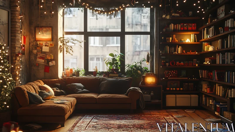 Cozy living room with sofa, bookshelves, and warm lights.