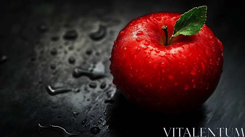 Glossy red apple with water droplets on dark surface.