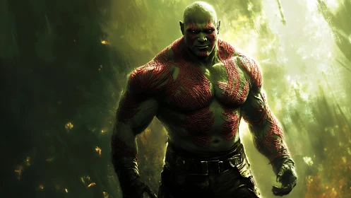 Powerful warrior strides through glowing forest light.