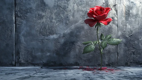 Single red rose standing against worn concrete wall.