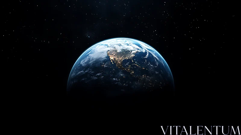 Earth night horizon from space with glowing city lights.