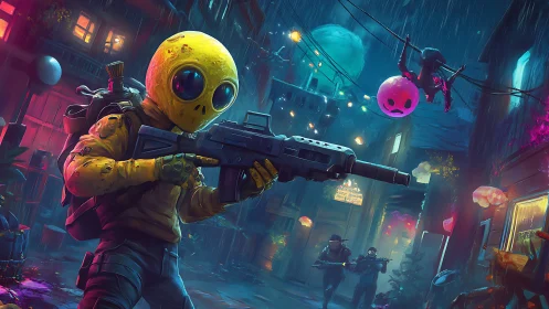 Helmeted alien soldier prowls through neon soaked cyber alley
