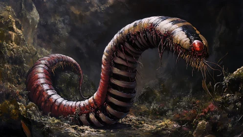 Giant segmented worm-like creature coils in a rocky cavern