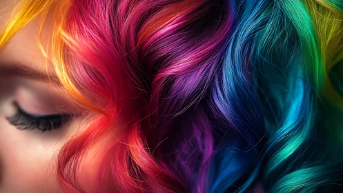 Macro portrait of multicolored curled hair strands in soft light