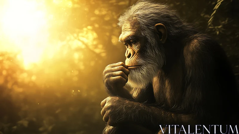 Side-lit primate subject sits in forest environment at dusk