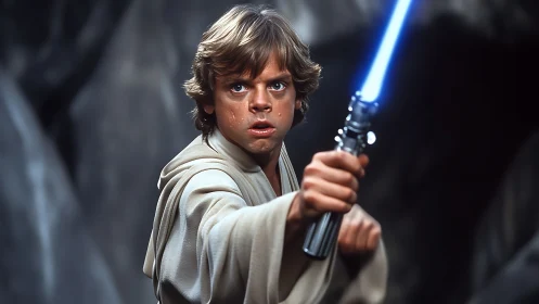 Young robed warrior with blue energy sword in rocky cavern