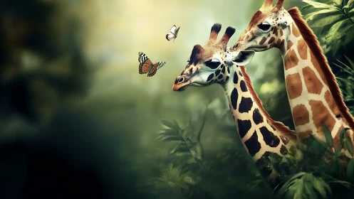 Curious young giraffes observing butterflies in jungle light.
