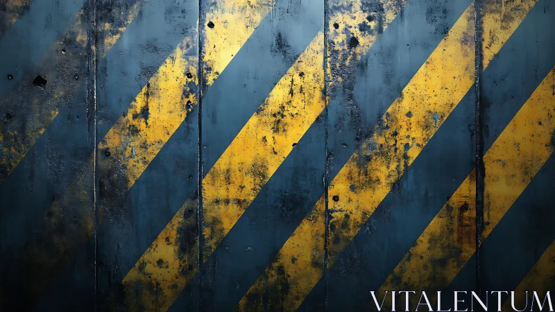 Industrial hazard stripes on worn metal wall, grunge texture.