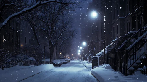 Midnight snowfall hushes a city street in blue lamplight.