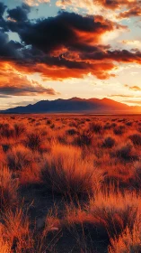 High-saturation desert sunset with volumetric clouds and backlit shrubs