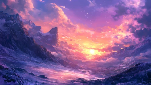 Frozen valley sunset under vivid purple and orange sky.