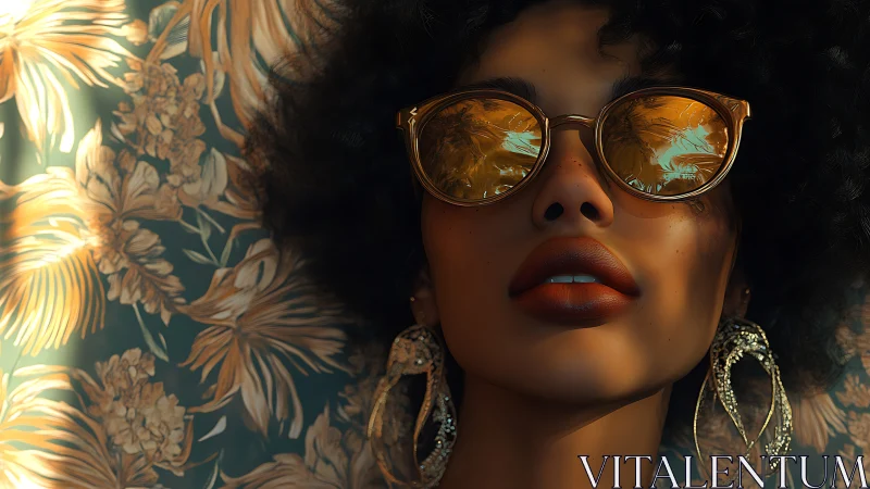 Tropical reflection portrait with golden sunglasses and florals