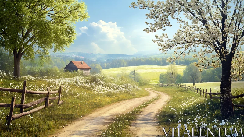 Spring country lane with blossoming trees and distant cottage.