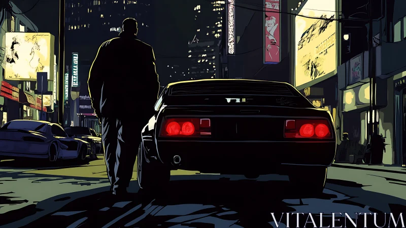 Lone figure and sports car pause beneath neon city lights.
