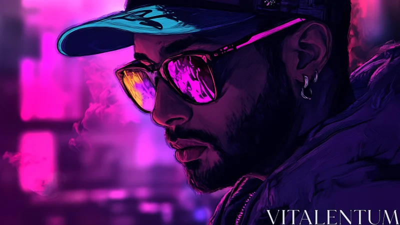 Neon-lit cyber-noir portrait isolates reflective urban gaze